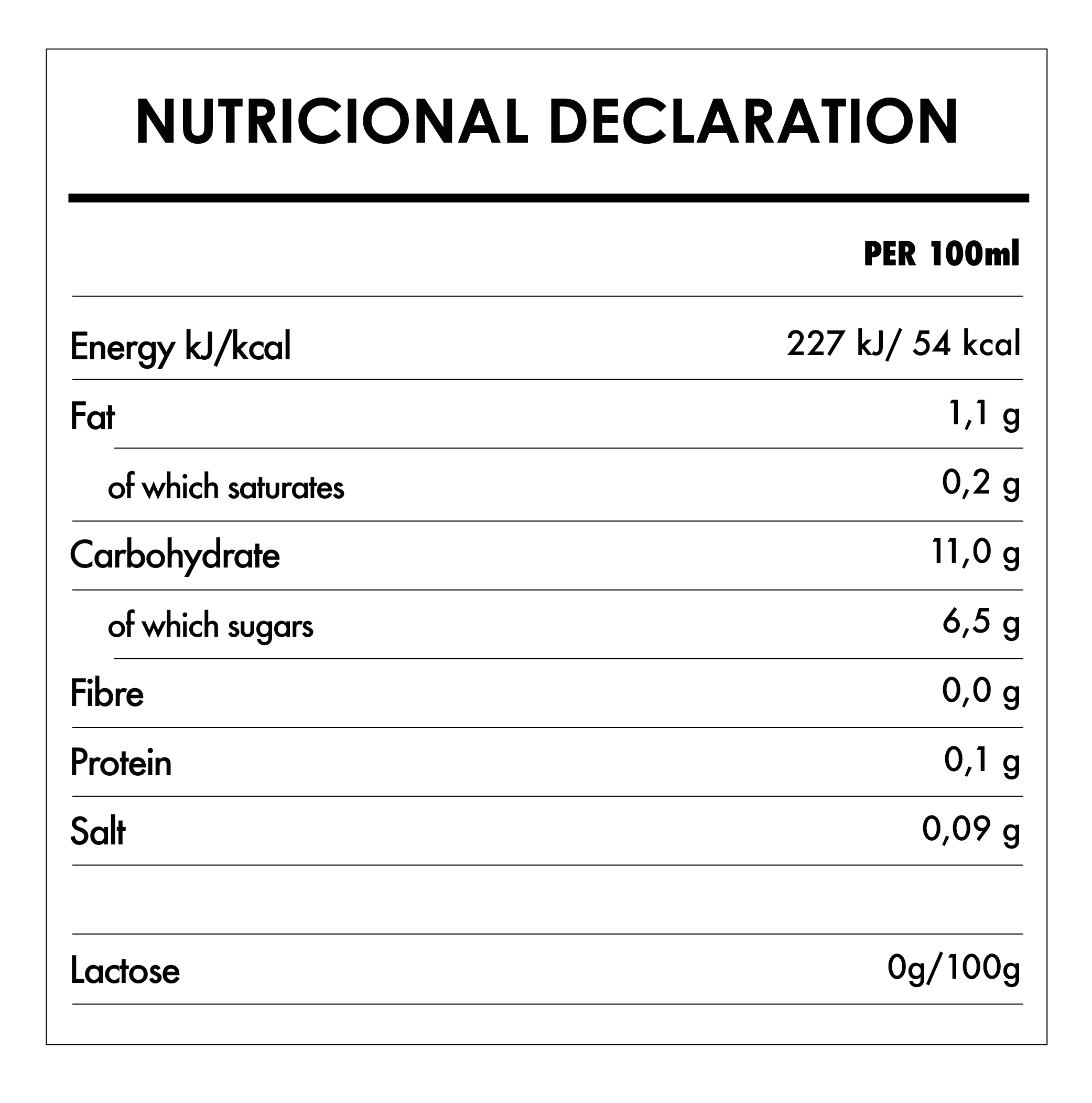 Tabela Nutricional - Original Bio Rice Drink - Provamel